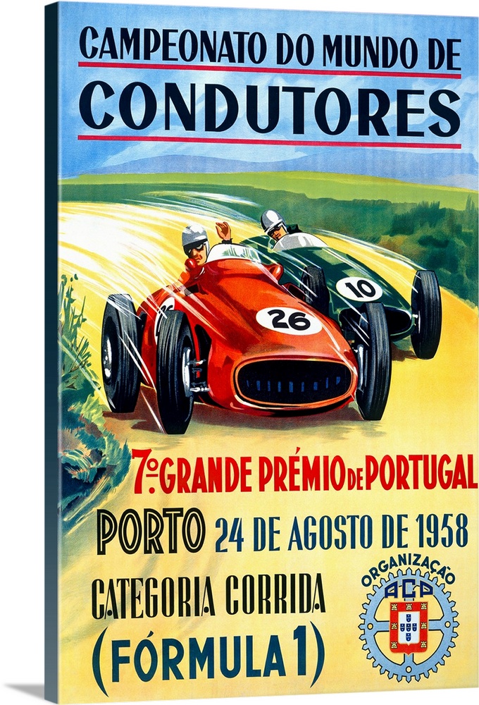 Vintage Formula 1 promotional poster of two racecars rounding the curve on a dusty track.
