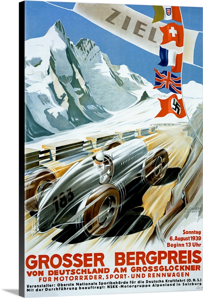 Vertical vintage advertisement on a large canvas for the 1939 Grand Prix in Germany.  A racing car streaks toward the fini...