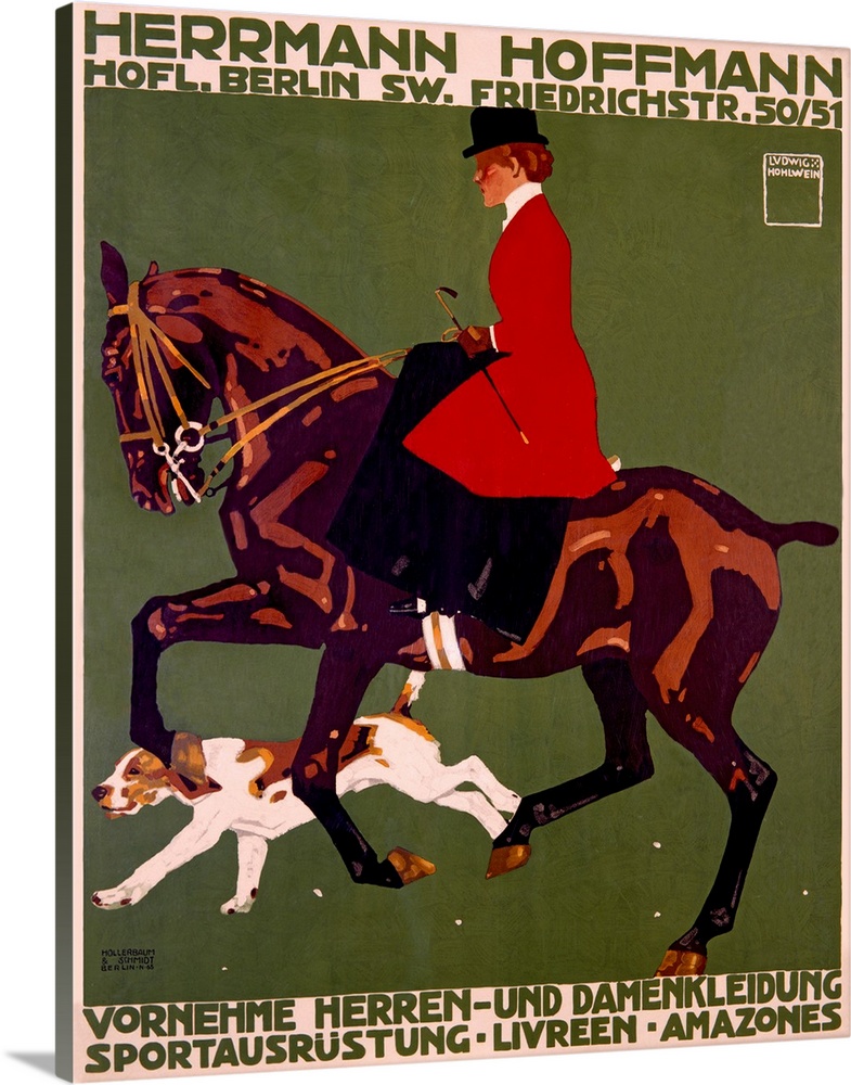 Giant advertising art displays the profile of a woman with a top hat riding a horse with a dog escorting the both of them....