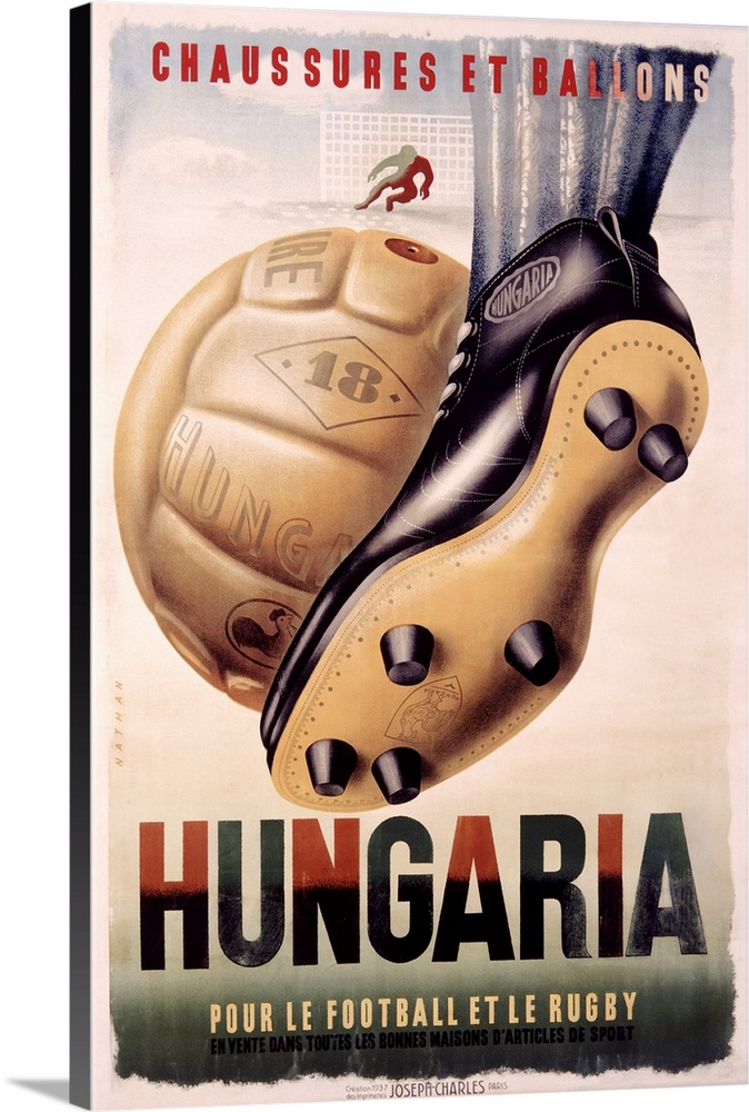 Large antique poster of a player kicking a ball towards a net.