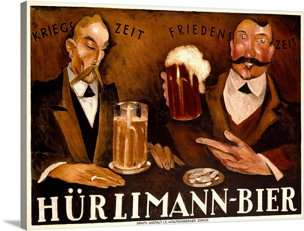 Large vintage art advertisement shows two nicely dressed men enjoying a couple of cold beers at a bar.