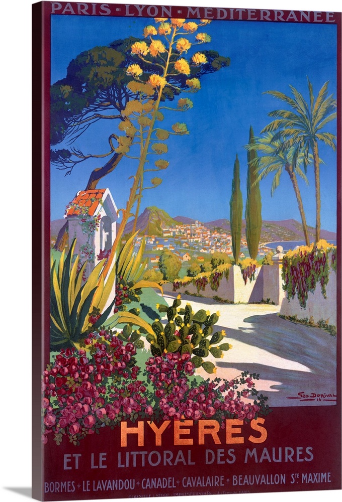 Giant, vertical, vintage advertisement for the French Riviera.  A scenic view of a road surrounded by flowers, trees and p...