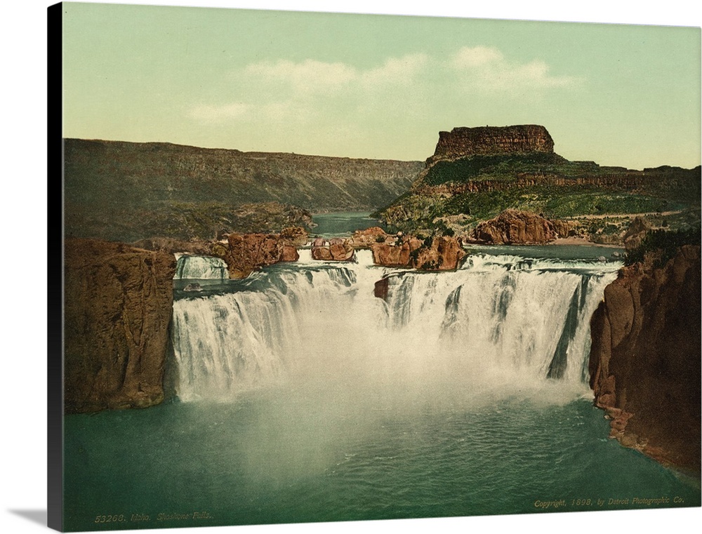 Hand colored photograph of Idaho. Shoshone falls.