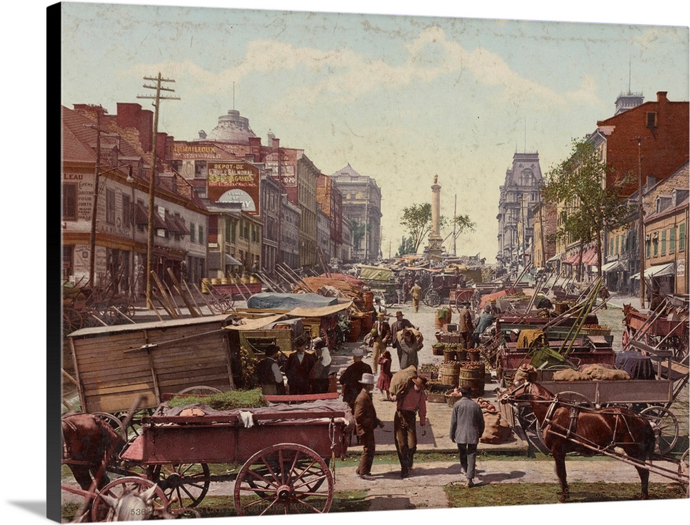 Hand colored photograph of Jacquas cartier square, Montreal.