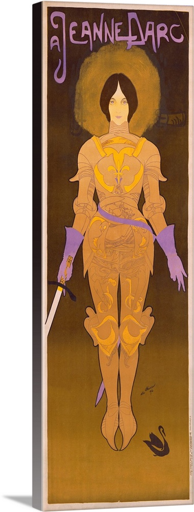 This is a vertical vintage Art Nouveau poster of Joan of Arc in a full suit of armor filled with animal motifs.