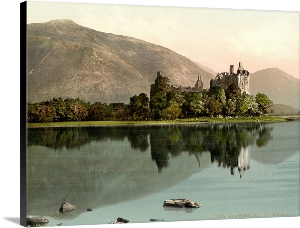 Hand colored photograph of Kilchurn castle, loch awe, Scotland.