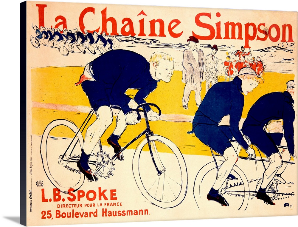 Antique advertising poster of cyclists racing by with bystanders in the background.