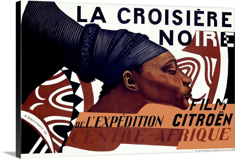 This large piece is a vintage poster for the La Croisiere Noire with an African woman drawn in the middle wearing a large ...