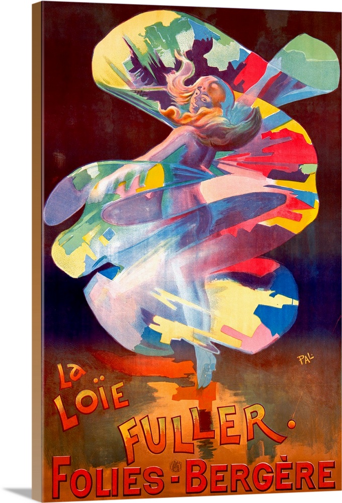 Large antique advertising art focuses on a woman draped in a lively colored dress as she whips it through the air.  Text f...