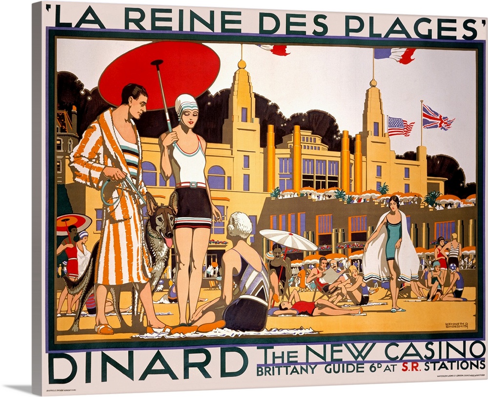 Oversized, landscape vintage art advertisement of many people in swimwear with umbrellas, on a beach in Dinard in front of...
