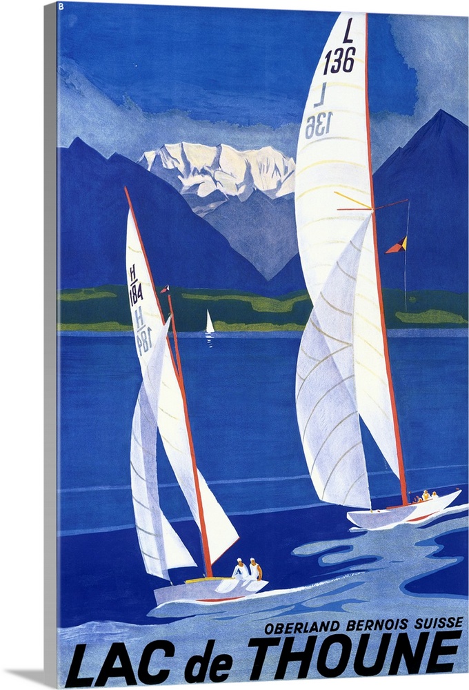 Old advertising poster artwork showing two sailboats racing in the water with golf course and snow covered mountains in di...