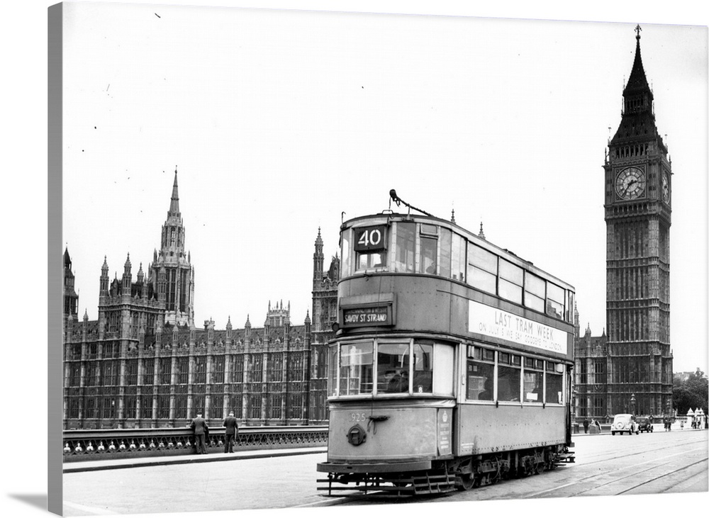 One of the last trams to run in London going over Westminster Bridge  Big Ben can be seen in the background