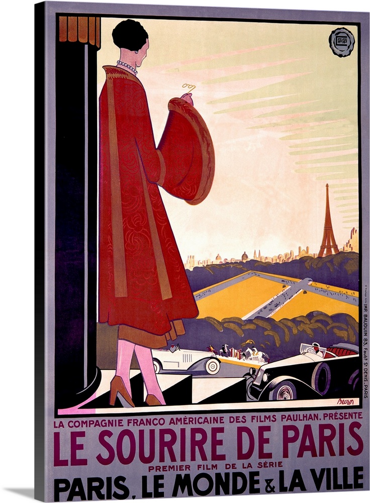 Big, vertical, vintage advertisement for the French film Le Sourire de Paris, a woman in an extravagant coat leans against...