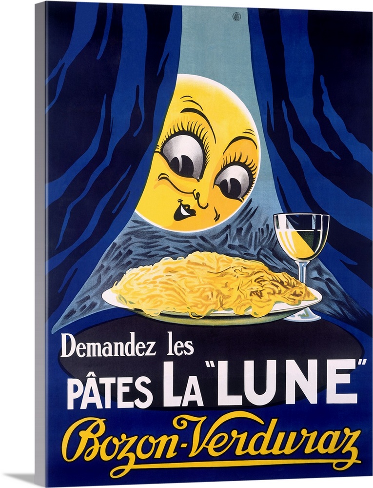 A large vintage poster of a yellow moon peering through curtains at a plate of spaghetti and wine glass.
