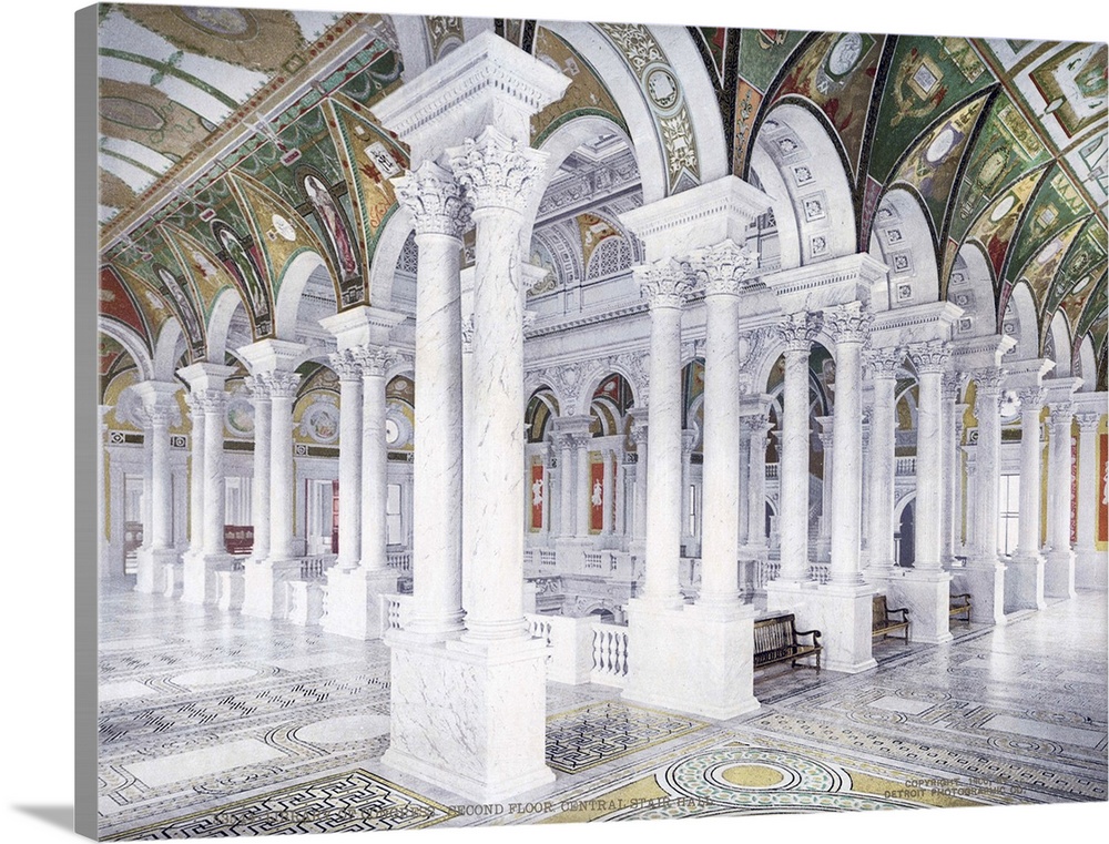 Antiqued photo of the inside of the Library of Congress with a bunch of pillars and painted ceilings.
