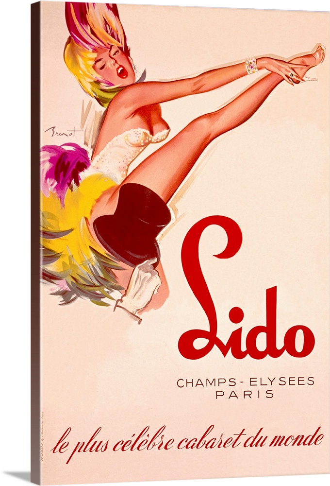Illustration of a female cabaret dancer and a man's hand holding a top hat on an advertisement for a Paris attraction.