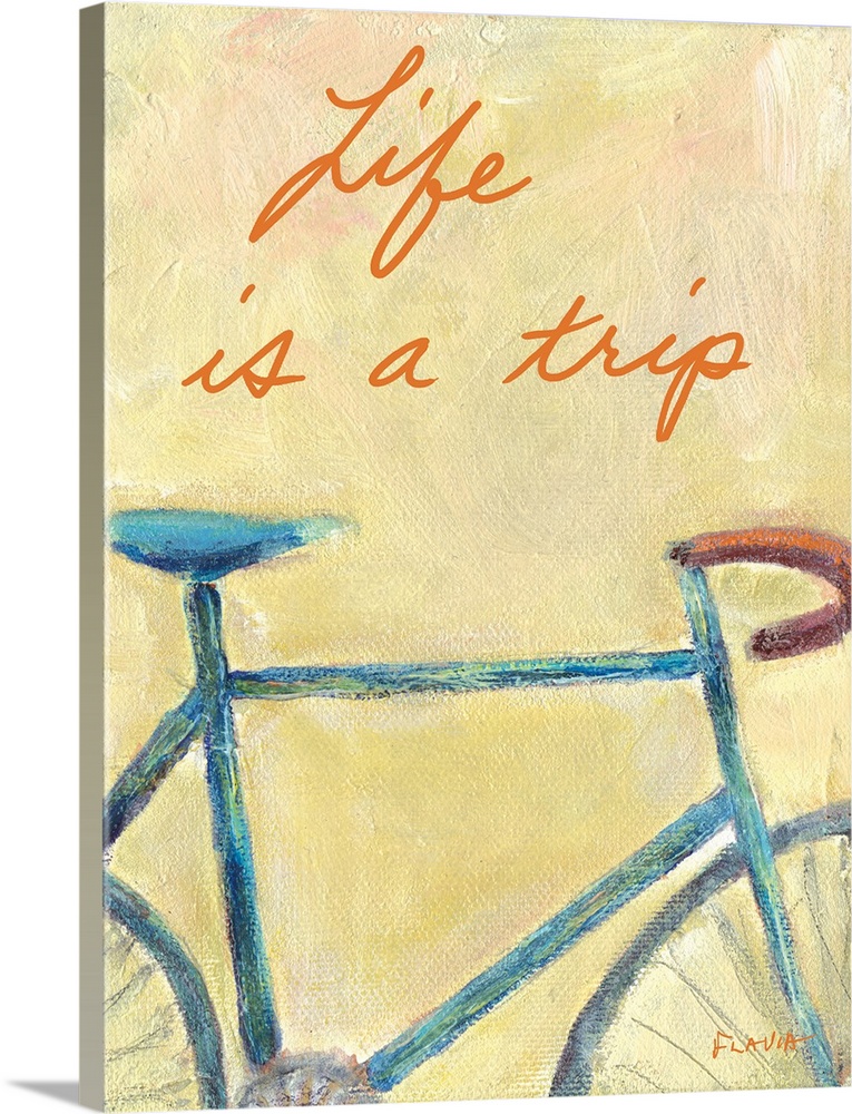 This artwork is a painting of a vintage racing bike with the text written above "Life is a trip".