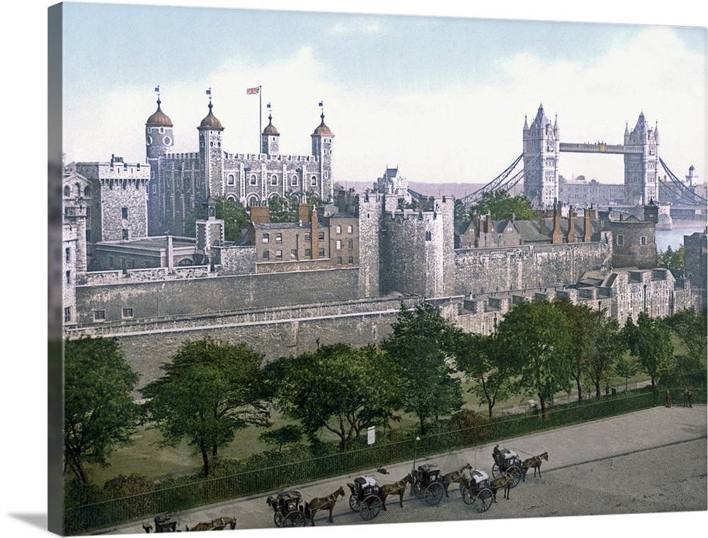 A vintage urban landscape photograph of the Tower of London with horse drawn carts outside that has been tinted with color...