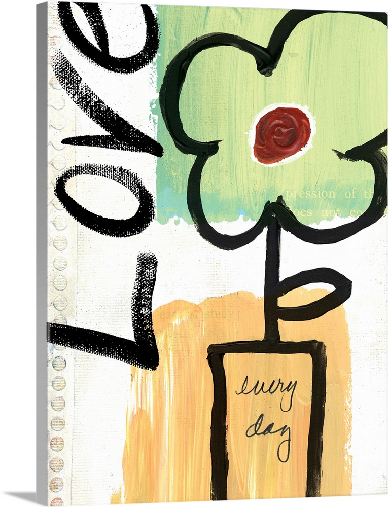 Simple artwork of a flower in a vase and the word "love," drawn in thick brushstrokes on a piece of notebook paper.