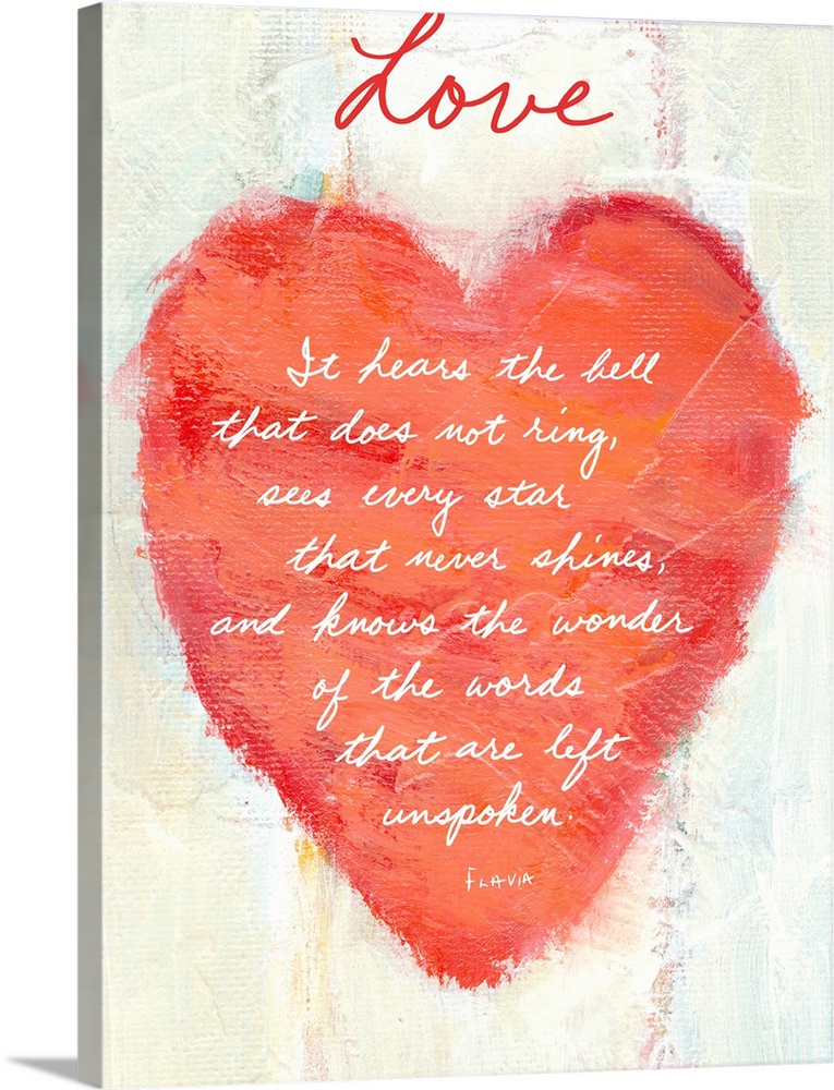 Vertical,  large painting of a heart on a light background, painted with thick texture and rough edges.  The word "Love" i...