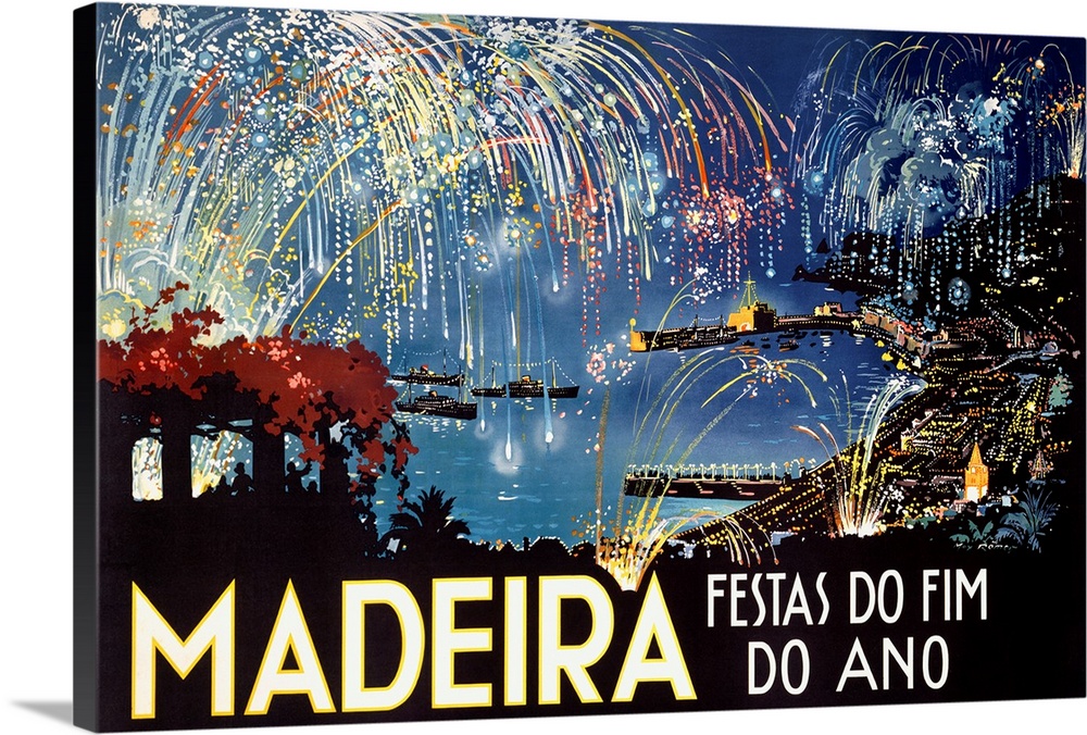 Huge advertising art shows an elaborate set of fireworks going off at night over a busy city and three boats sitting in th...