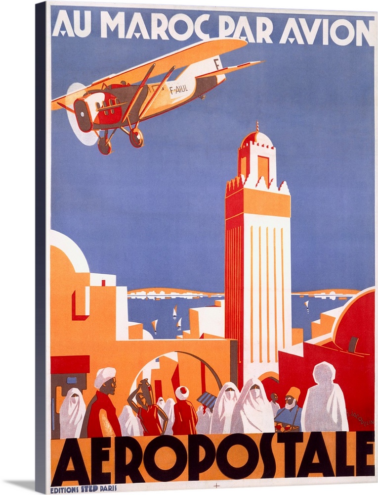 Vintage travel poster highlighting the Moroccan Aeropostale airline with a single engine plane flying over the city with p...
