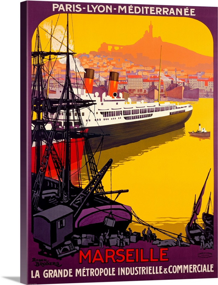 Art Deco style advertising print.  A huge ship with city in the distance and loading dock in the foreground.