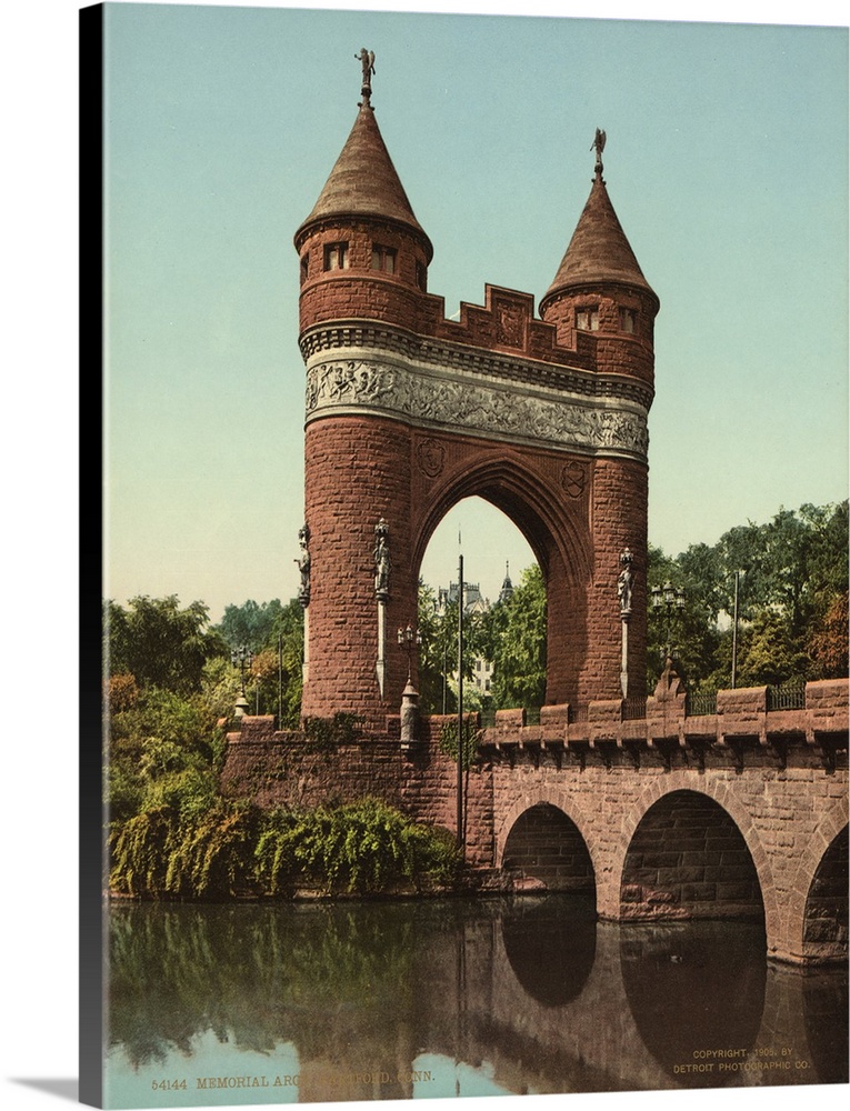 Hand colored photograph of memorial arch, Hartford, Connecticut.