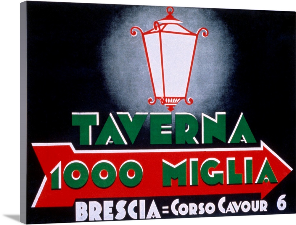 Vintage sign poster advertising an Italian Tavern with a street lamp and arrow.