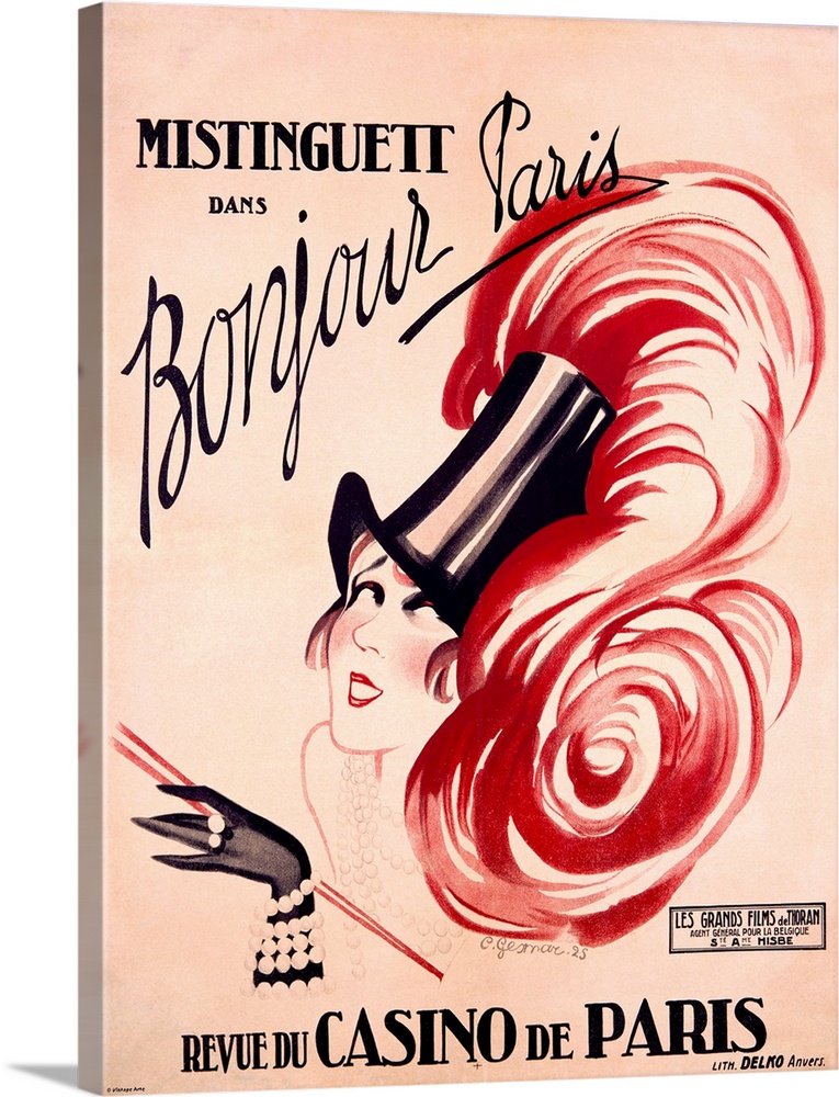 Advertising poster for a dance revue at a French casino depicting a woman wearing jewels, a top hat, and a feather boa.
