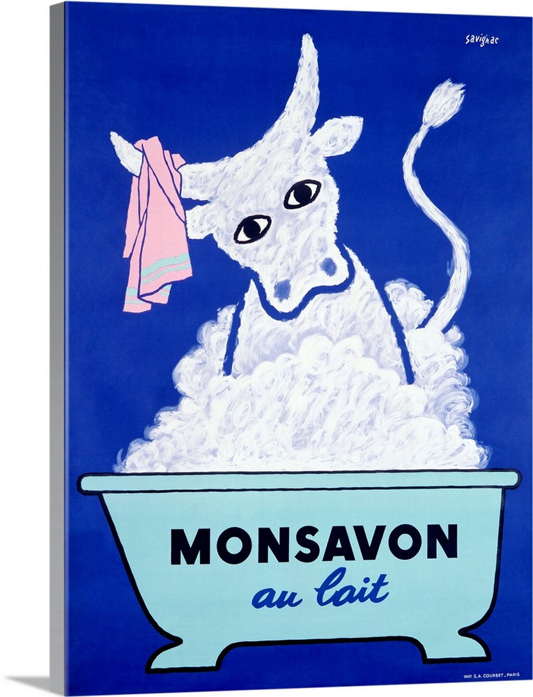 Old poster artwork showing a bull in a bubble bath with wash cloth hanging from its horns.