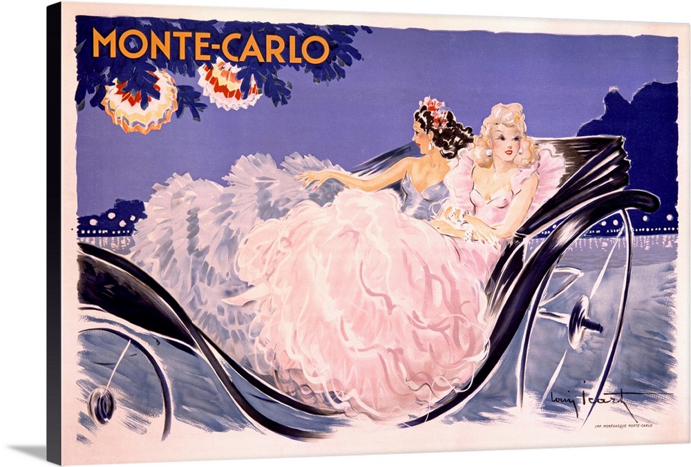 Antiqued poster painting of two women in fancy dresses riding in a carriage.