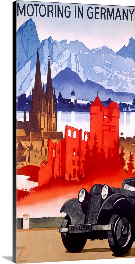 Vintage car advertisement poster for German cars with the front of a car parked on the road and famous German castles, mou...