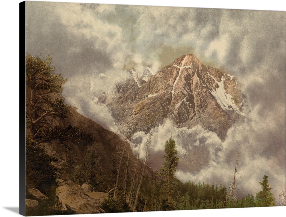 Hand colored photograph of mount of the holy cross in the clouds.