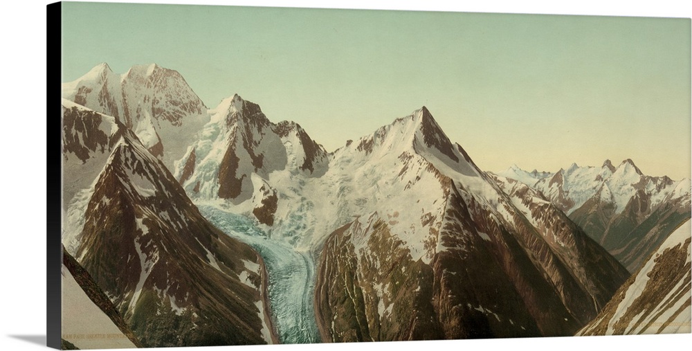 Hand colored photograph of Mt. Fox and Mt. Dawson from Asulkan pass, Selkirk mountains.