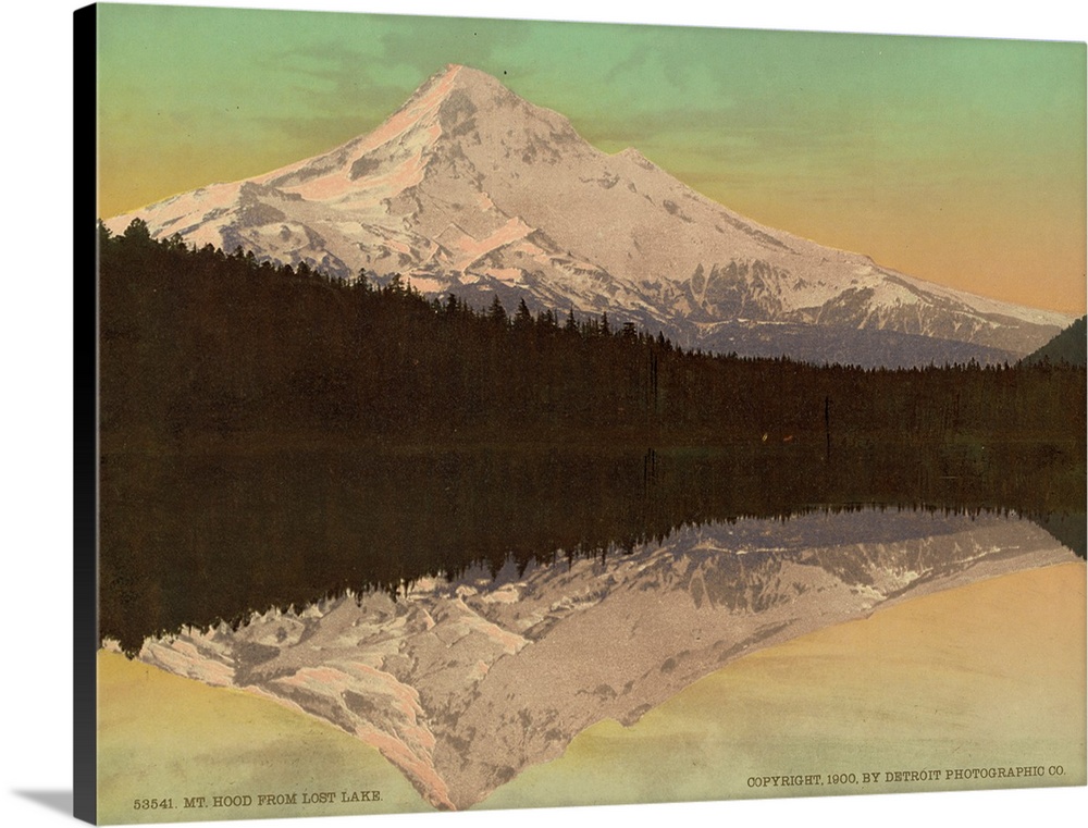 Hand colored photograph of mt. Hood from lost lake.