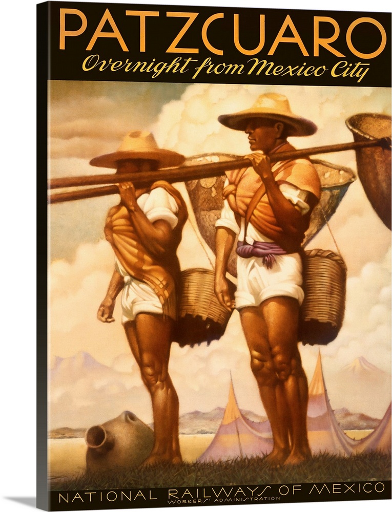 Portrait advertisement on a big wall hanging for Patzcuaro, the National Railways of Mexico of two men in shorts and sun h...