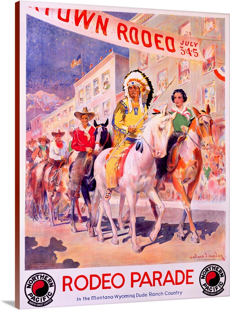 Cowboys and Indians riding horseback in a rodeo parade. From the heart of big sky country comes a soft Impressionistic wat...
