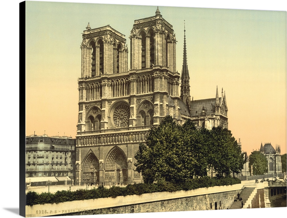 Hand colored photograph of Notre dame, Paris, France.