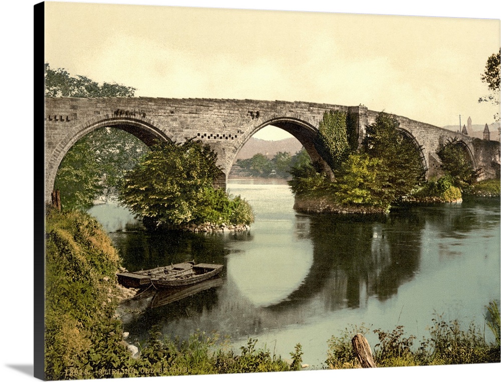 Hand colored photograph of old bridge, Stirling, Scotland.
