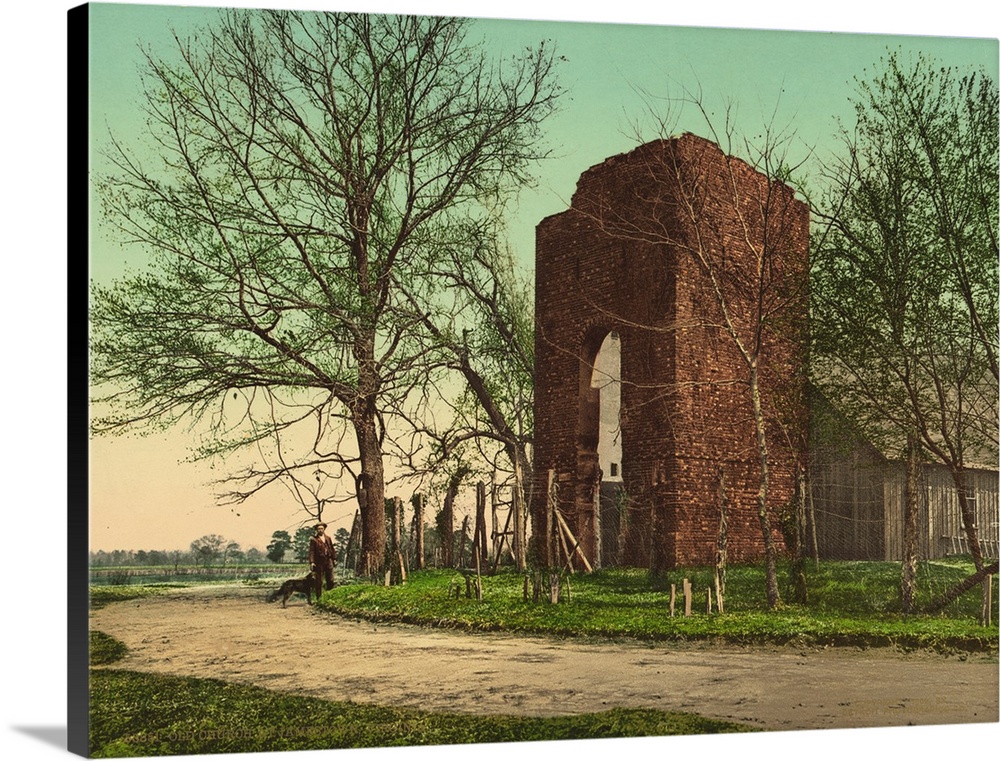 Hand colored photograph of old church at Jamestown, Virginia.