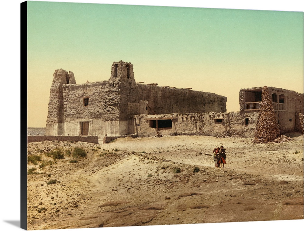 Hand colored photograph of old church at pueblo of Acoma, New Mexico.