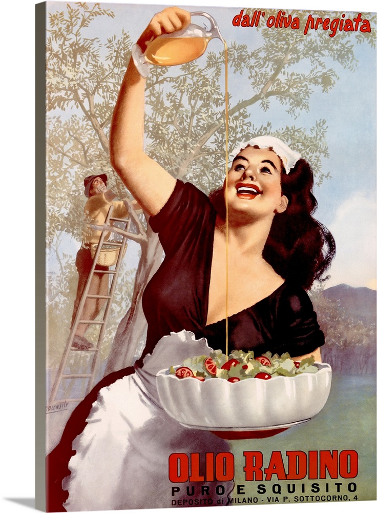 Classic advertisement for Olio Radino cooking oil featuring a woman pouring cooking oil onto a salad in a bowl as a man on...