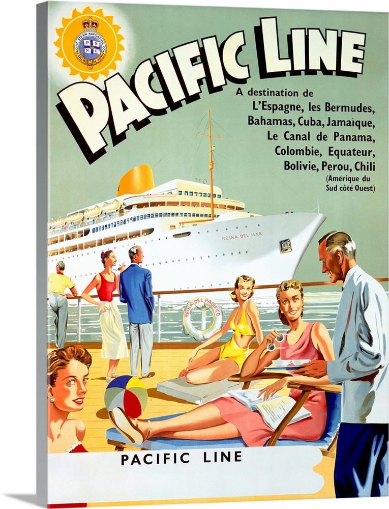 Retro poster on canvas of people lounging on the deck of a cruise ship with another cruise ship in the distance.