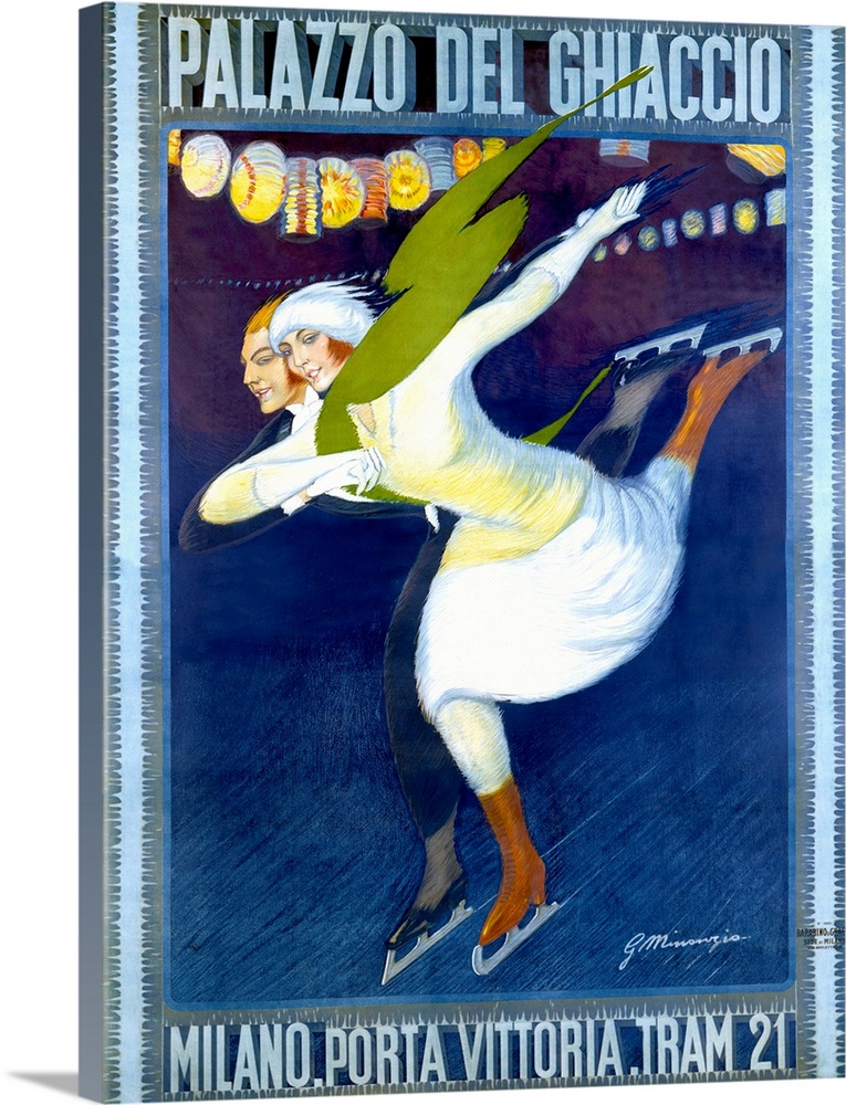 Vertical, vintage advertisement on a large wall hanging, for Palazzo Del Ghiaccio, featuring a man and woman ice skating t...