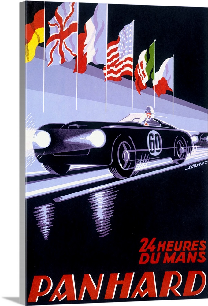 A vertical piece of artwork of a black car racing with flags above it and red text below with the word "Panhard".