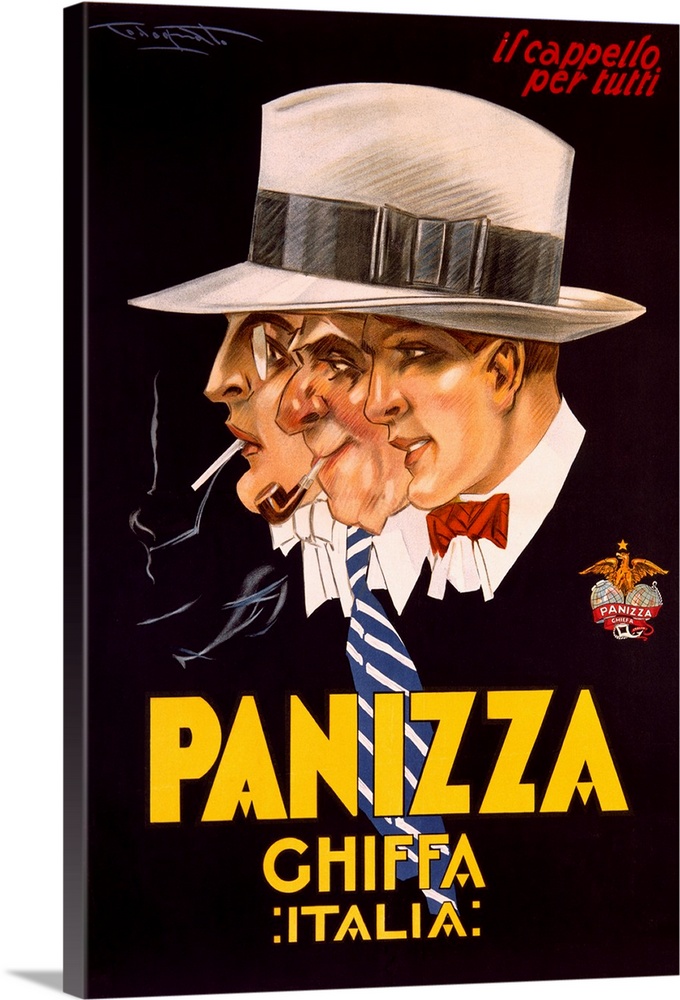 This dashing Italian poster promotes Panizza, the famed hat manufacturer from Ghiffa, Italy. The artwork features a stylis...
