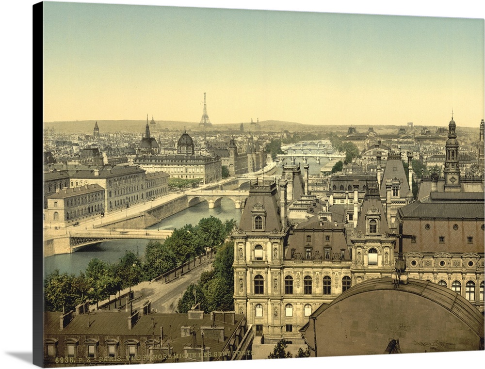 Hand colored photograph of panorama of the seven bridges, Paris, France.