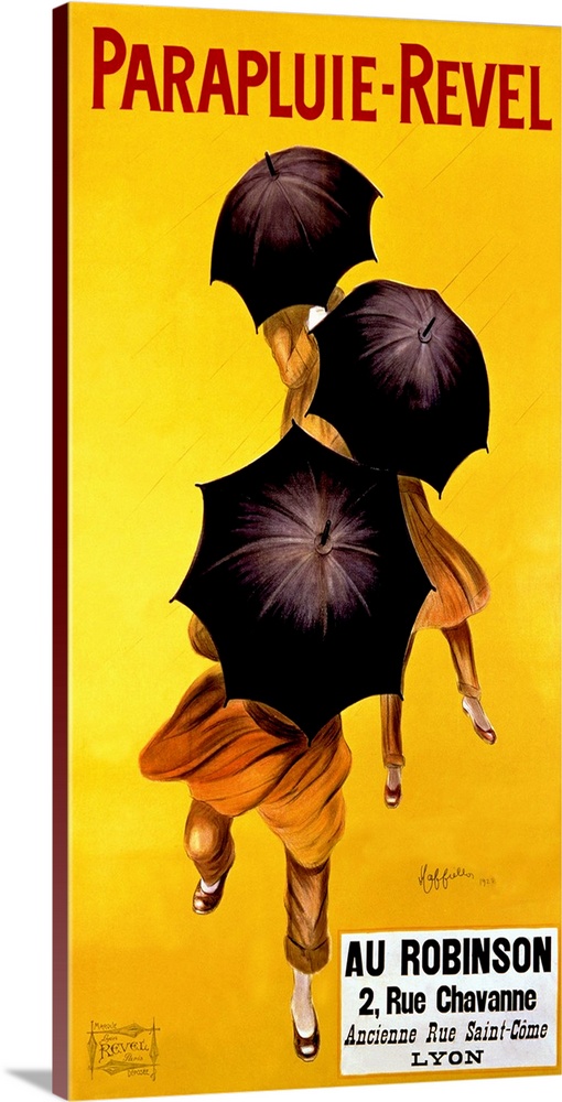Vertical, big vintage advertisement of Parapluie Revel, three people dancing in the rain, their faces hidden by open umbre...