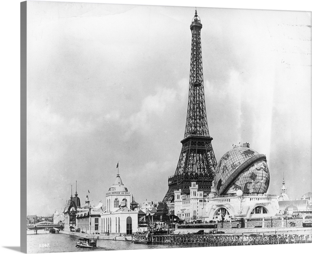 View at the 'Exposition Universelle' across the River Seine towards the Eiffel Tower, and the 'Globe Celeste' The Eiffel T...